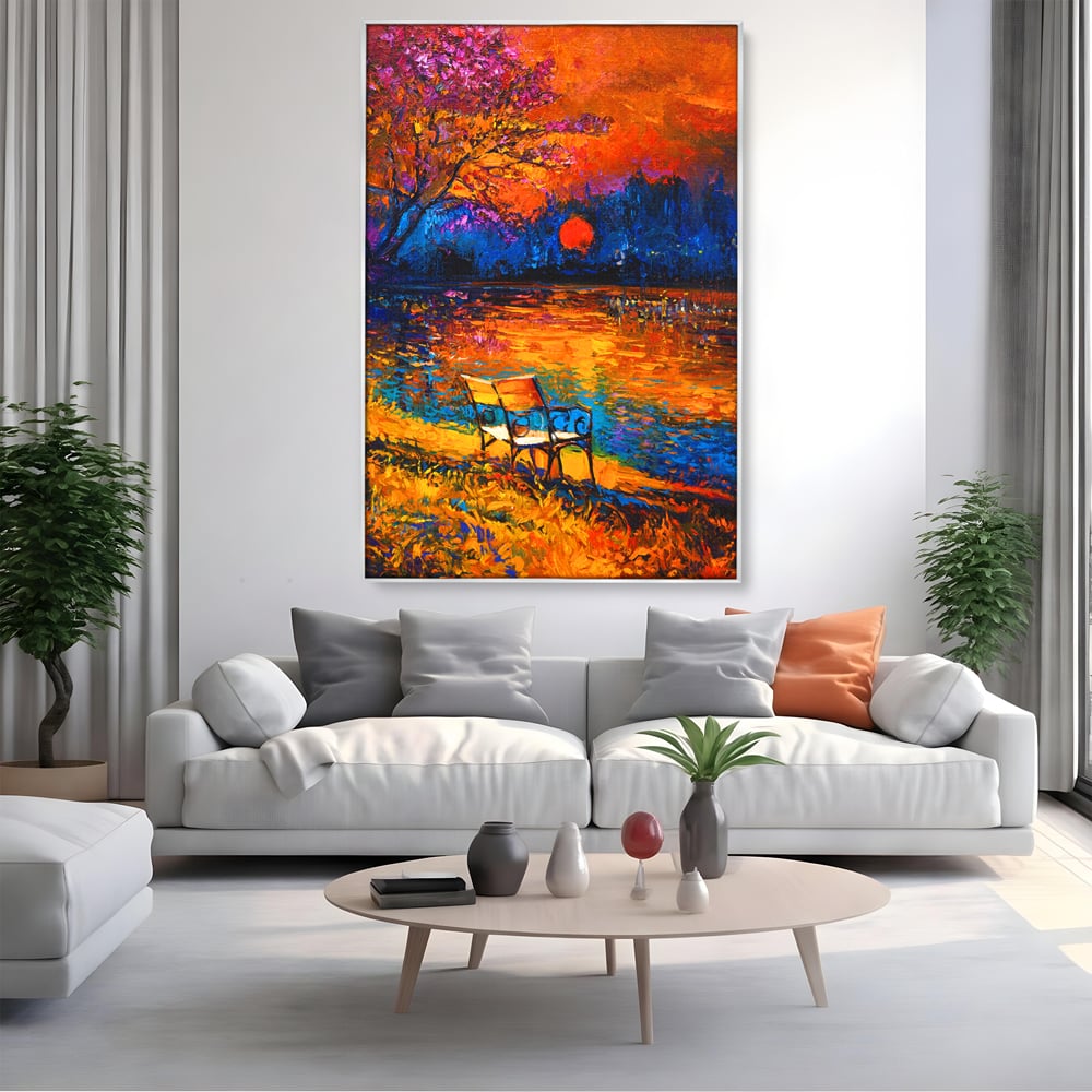 Tablou canvas cu tablou canvas cu banca pe malul lacului la apus, in rama de aluminiu argintiu, pe perete intr-un living